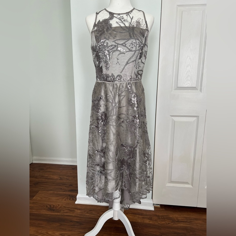 TAHARI Silver and Sequin High Low Dress Size 6